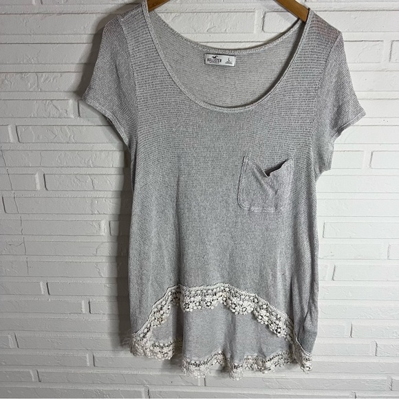 Hollister Gray High Low Cream Crochet Hem Short Sleeve Sweater, Women’s Large - Picture 1 of 6